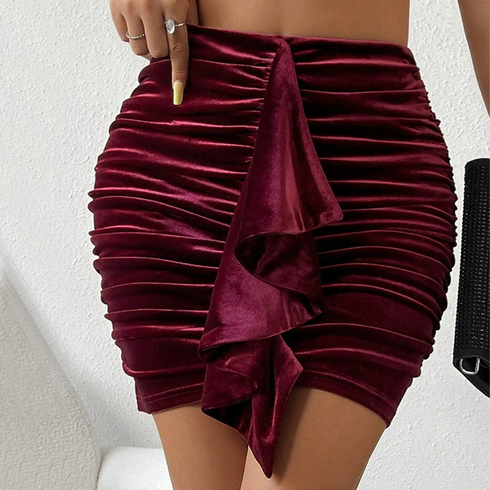 ZARA Sexy Korean Velvet Shirred Front Asymmetric Lace Bodycon Short Skirt